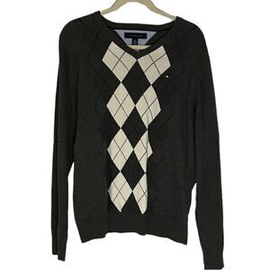 Tommy Hilfiger Gray White Argyle V-Neck Sweater Size Large